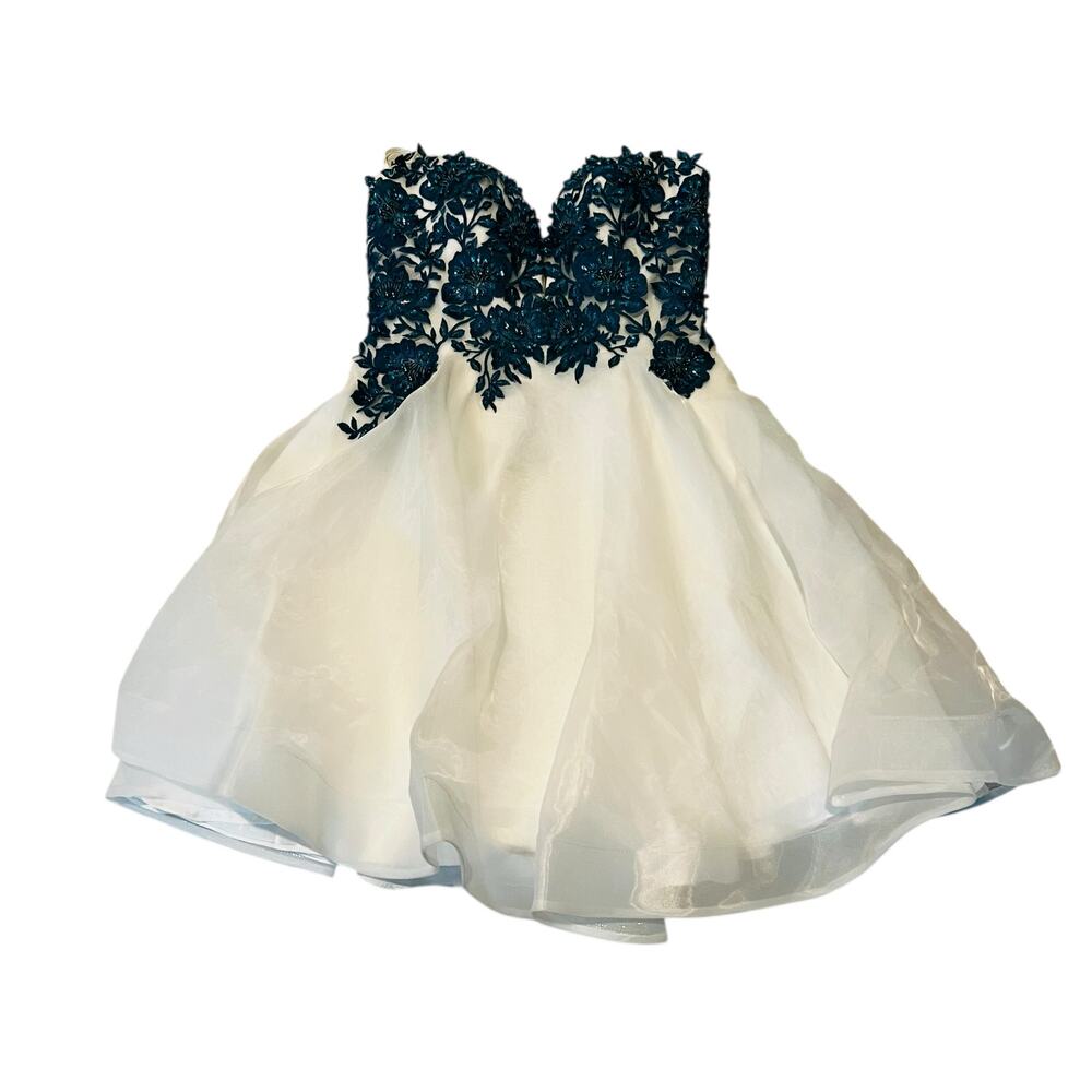 Terani Couture Floral Applique Strapless Dress - Blue & White - Size 2